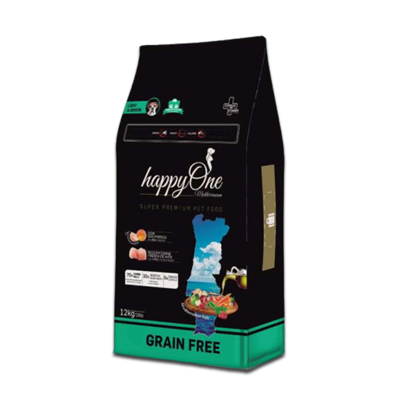 HappyOne Grain-Free Mediterraneum Light & Senior dla psich seniorów SUPER PREMIUM 12KG